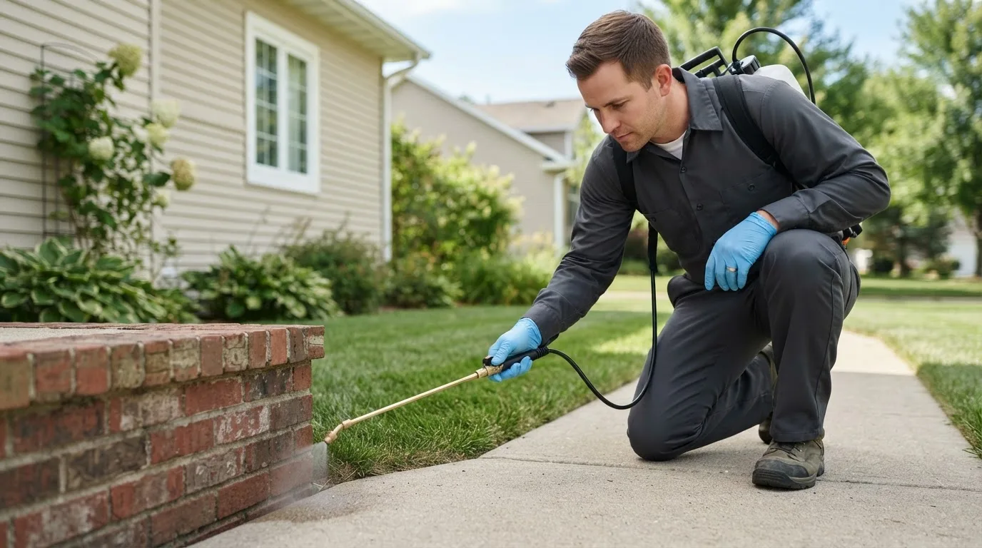 Pest control technician treating a home near Derry, PA
